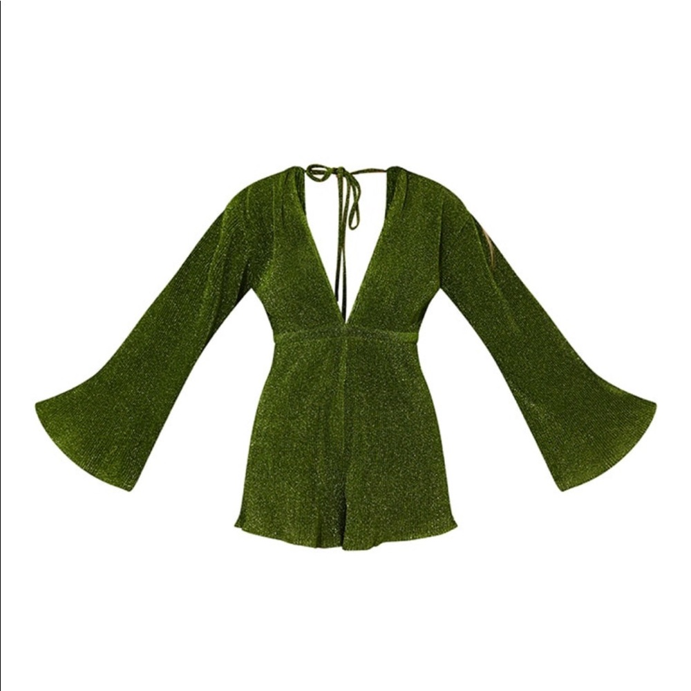 Green Glitter Plisse Flare Sleeve Plunge Romper